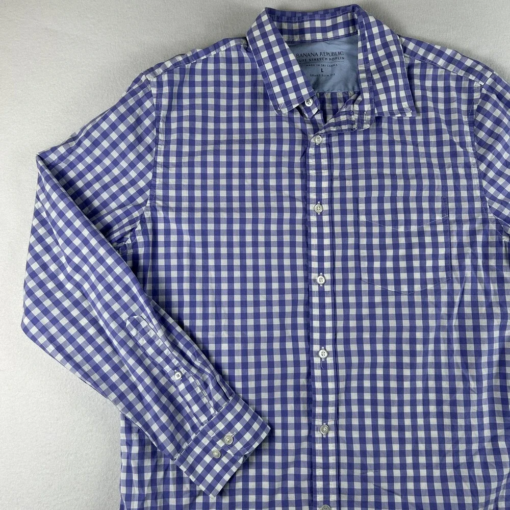 Banana Republic Shirt Mens Large Blue Check Long Sleeve Stretch Button Up Slim